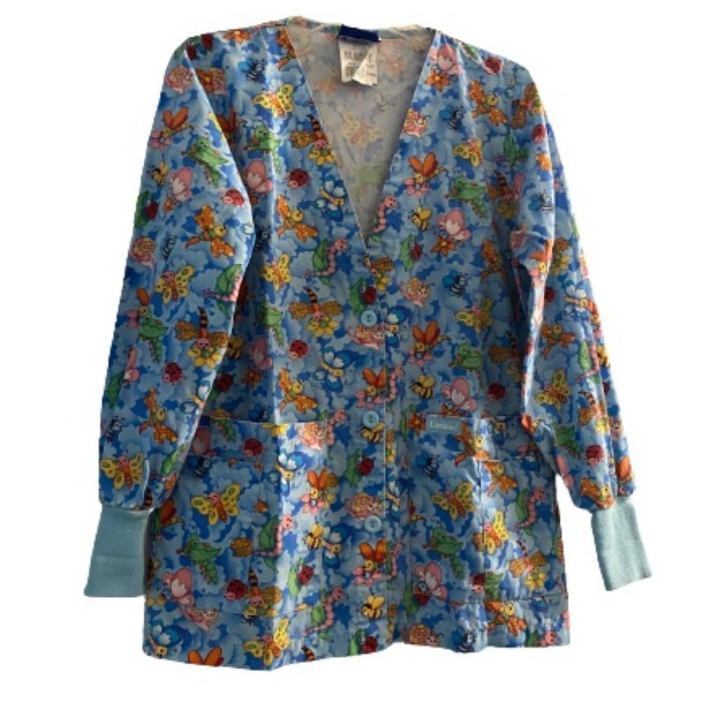 Woman’s Long Sleeve Ribbed Cuff ScrubTop Blue Insect ladybug bumblebee By Landau